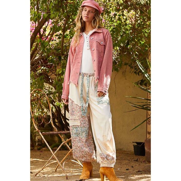 NWT POL Pink Vintage Washed Textured Woven Twill Jacket Raw Edge Size Large - Picture 4 of 5